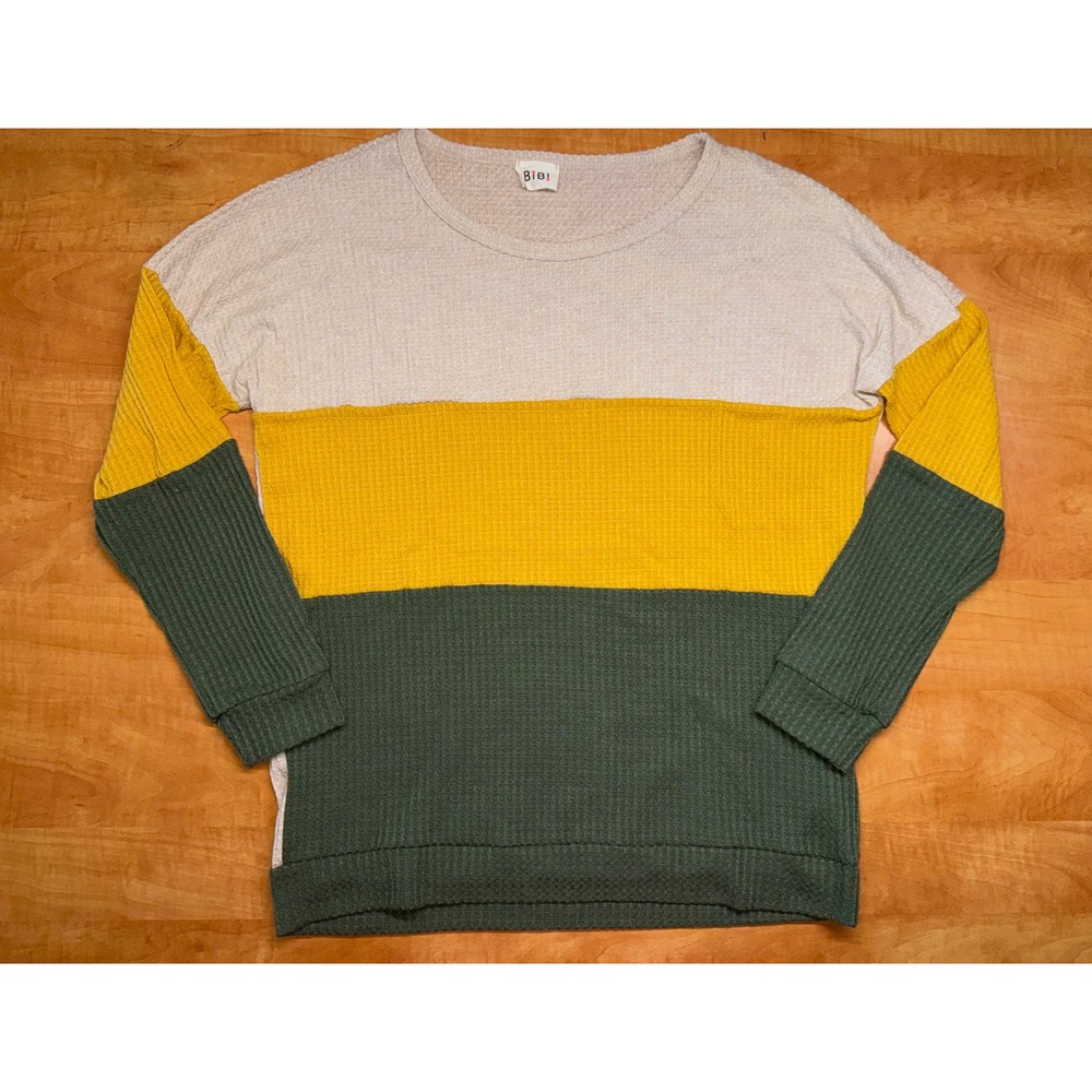 BIBI Waffle Knit Colorblock Top Mustard Olive Oatmeal Small USA Made